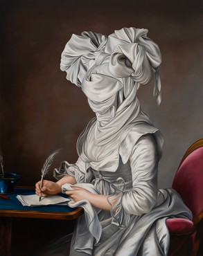 Historical woman dressed in white with her face covered with fabric sitting at a desk writing with a feather quill pen