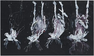 Georg Baselitz, The Painter in His Bed, 2022. Oil, dispersion adhesive, and plastic on canvas, 118 ⅛ × 196 ⅞ inches (300 × 500 cm) © Georg Baselitz 2023. Photo: Jochen Littkemann, Berlin
