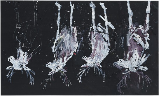 Georg Baselitz, The Painter in His Bed, 2022 Oil, dispersion adhesive, and plastic on canvas, 118 ⅛ × 196 ⅞ inches (300 × 500 cm)© Georg Baselitz 2023. Photo: Jochen Littkemann, Berlin