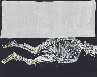 Georg Baselitz, Bett weiß, weiß, 2022 Oil, dispersion adhesive, and fabric on canvas, 78 ¾ × 98 ½ inches (200 × 250 cm)© Georg Baselitz 2023. Photo: Jochen Littkemann