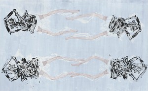 Georg Baselitz, Miss Francis cha, cha, cha, 2022. Oil, dispersion adhesive, and nylon stockings on canvas, 118 ⅛ × 191 inches (300 × 485 cm) © Georg Baselitz 2023. Photo: Jochen Littkemann