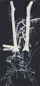 Georg Baselitz, Der Hirsch geht auch, 2022. Oil, dispersion adhesive, and nylon stockings on canvas, 94 ½ × 44 ⅛ inches (240 × 112 cm) © Georg Baselitz 2023. Photo: Jochen Littkemann