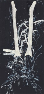 Georg Baselitz, Der Hirsch geht auch, 2022 Oil, dispersion adhesive, and nylon stockings on canvas, 94 ½ × 44 ⅛ inches (240 × 112 cm)© Georg Baselitz 2023. Photo: Jochen Littkemann