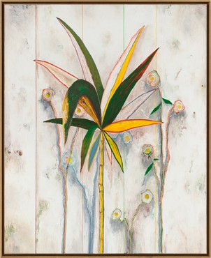 Painting featuring a plant with a tall yellow steam and green, yellow, and white leaves on a beige background