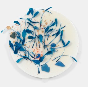Helen Marden, Sanuk II, 2023. Resin, pigment, and feathers on linen, 20 × 22 inches (50.8 × 55.9 cm) © 2023 Helen Marden/Artists Rights Society (ARS), New York. Photo: Rob McKeever
