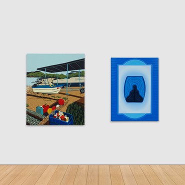 Installation of a painting of a beached boat and a blue abstract painting interpreting the Aegean sea