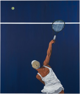 Painting of a woman from behind with her right arm raised hitting a tennis ball with a racket