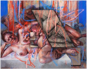 Jenny Saville, Skene, 2023. Oil, charcoal, and pastel on linen, 47 ¼ × 59 ⅛ inches (120 × 150 cm) © Jenny Saville. Photo: Lucy Dawkins