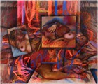 Drawing in colorful florescent pastels depicting three nude figures intertwined