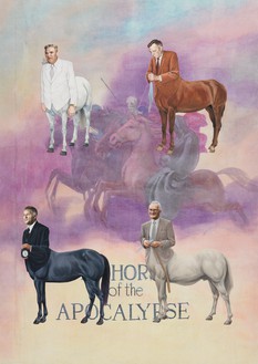 Jim Shaw, Four Horsemen of The Apocalypse, 2023 Oil and acrylic on muslin, 80 × 57 inches (203.2 × 144.8 cm)© Jim Shaw. Photo: Jeff McLane