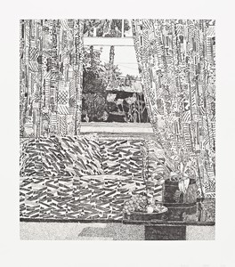 Jonas Wood, Pattern Couch Interior with Mar Vista View, 2020. Soft-ground etching, 29 × 25 ½ inches (73.7 × 64.8 cm), edition of 35 + 20 AP © Jonas Wood