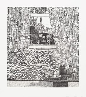 Jonas Wood, Pattern Couch Interior with Mar Vista View, 2020 Soft-ground etching, 29 × 25 ½ inches (73.7 × 64.8 cm), edition of 35 + 20 AP© Jonas Wood