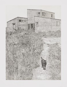 Jonas Wood, C.M.Z. House on M.V. with Ptolemy, 2021. Soft-ground etching and aquatint on Hahnemühle Copperplate paper, 36 ⅛ × 28 inches (91.8 × 71.1 cm), edition of 35 + 20 AP © Jonas Wood