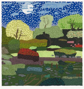 Jonas Wood, Japanese Garden, 2021. 51-color screen print on Rising museum board, 25 ⅛ × 23 ⅞ inches (63.8 × 60.6 cm), edition of 40 + 5 AP © Jonas Wood