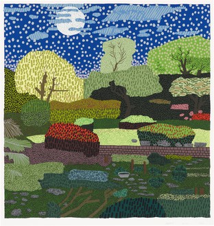 Jonas Wood, Japanese Garden, 2021 51-color screen print on Rising museum board, 25 ⅛ × 23 ⅞ inches (63.8 × 60.6 cm), edition of 40 + 5 AP© Jonas Wood