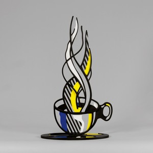 Roy Lichtenstein, Cup and Saucer II, 1977. Painted and patinated bronze, 43 ¾ × 25 ¾ × 10 inches (111.1 × 65.4 × 25.4 cm), edition of 3 © Estate of Roy Lichtenstein. Photo: Rob McKeever