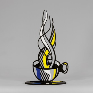 Roy Lichtenstein, Cup and Saucer II, 1977 Painted and patinated bronze, 43 ¾ × 25 ¾ × 10 inches (111.1 × 65.4 × 25.4 cm), edition of 3© Estate of Roy Lichtenstein. Photo: Rob McKeever