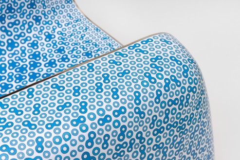 Marc Newson, Cloisonné White and Blue Chair, 2022 (detail) Cloisonné enamel and copper, 26 ¼ × 40 ¼ × 37 ¼ inches (66.5 × 102 × 94.5 cm), edition of 3 + 2 AP© Marc Newson. Photo: Paris Tavitian