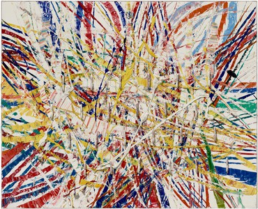Abstract oil painting by Mark Grotjahn featuring overlapping strokes of red, blue, and yellow on light beige background which has been scraped in some areas