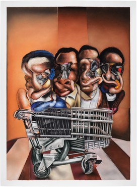 Drawing of four collage-like composite portraits of black men behind a metal shopping cart