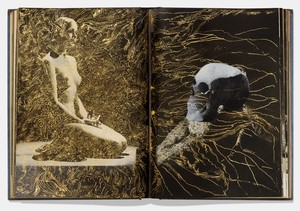 Richard Wright, No Title, 2023. Gold leaf and spray paint on found book (The World’s Best Photographs. London: Odhams Press, c. 1938), 10 × 15 × 1 ⅛ inches (25.4 × 38 × 2.8 cm) © Richard Wright. Photo: Prudence Cuming Associates Ltd
