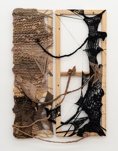 Enam Gbewonyo, Colonialist Ravelry, an infection of mind, skin and being. Blackness hangs on, a determined survival, 2021. Used tights, recycled cotton yarn, and cotton thread on wood frames, 42 ⅛ × 28 ¾ × 2 ⅝ inches (107 × 73 × 6.5 cm) © Enam Gbewonyo. Photo: Noah Da Costa