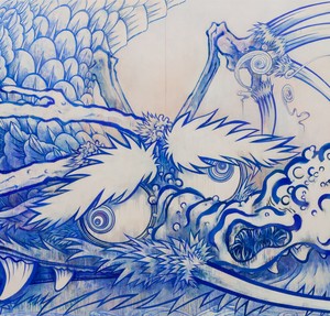 Takashi Murakami, Dragon in Clouds – Indigo Blue, 2010 (detail). Acrylic on canvas mounted on board, 11 feet 11 inches × 59 feet ⅝ inches (3.6 × 18 m) ©️ 2010 Takashi Murakami/Kaikai Kiki Co., Ltd. All rights reserved. Photo: Sebastiano Pellion di Persano