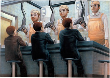 Painting depicting three people sitting at a restaurant counter being fed by machinery by three servers