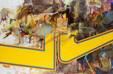 Abstract painting featuring brown washed strokes interspersed with color overlaid with a graphic yellow genderless humanoid form