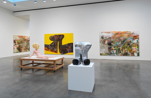Installation view Artwork, left, center, center right, and right © Albert Oehlen; center left: © Paul McCarthy. Photo: Rob McKeever