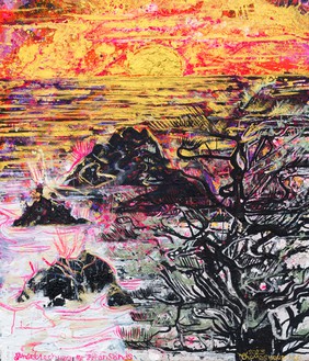 Thomas Houseago, Gold Sunset at Lechuza Beach (for Julian Sands), 2023 Acrylic on canvas, 84 × 72 inches (213.4 × 182.9 cm)© Thomas Houseago. Photo: Paul Salveson