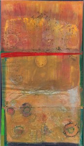 Frank Bowling, Passtheball, 2022. Acrylic, acrylic gel, and found objects on canvas with marouflage, 127 ¾ × 73 ½ inches (324.5 × 186.7 cm) © Frank Bowling. All rights reserved/Artists Rights Society (ARS), New York/DACS, London, 2023. Photo: Anna Arca