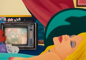 Tom Wesselmann, Bedroom Blonde with T.V., 1984–93. Oil on canvas on board and television with live broadcast, 41 ¾ × 60 × 22 inches (106 × 152.4 × 55.9 cm) © The Estate of Tom Wesselmann/Licensed by ARS/VAGA, New York. Photo: Jeff McLane