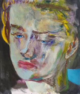 Painting by Jiang Cheng of the head and neck of a person with short blond hair, blue eyes, and red lips