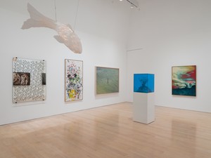 Installation view. Artwork, left to right: © Studio Olafur Eliasson, © Frank O. Gehry, © Michael Chow, © Richard Misrach, © Karon Davis, © Shepard Fairey. Photo: Jeff McLane