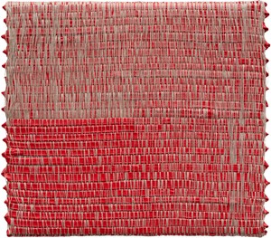 Analia Saban Woven Angle Gradient as Weft, Cadmium Red Medium (Nine O’Clock) #3, 2024. Woven acrylic paint and linen thread on panel, 15 ¾ × 17 ¾ × 2 inches (40 × 45.1 × 5.1 cm) © Analia Saban