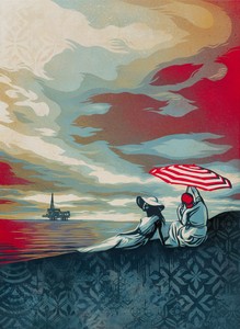 Shepard Fairey Bliss at the Cliff’s Edge, 2024. Spray paint, collage, and acrylic on canvas, 60 × 44 inches (152.4 × 111.8 cm) © Shepard Fairey. Photo: Ed Mumford