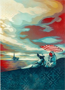 Shepard Fairey, Bliss at the Cliff’s Edge, 2024. Spray paint, collage, and acrylic on canvas, 60 × 44 inches (152.4 × 111.8 cm) © Shepard Fairey. Photo: courtesy Shepard Fairey Studio