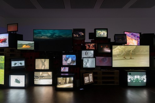 Installation view with Douglas Gordon, Pretty much every film and video work from about 1992 until now... (1999–) Artwork © Studio lost but found/VG Bild-Kunst, Bonn, Germany, 2024. Photo: Lucy Dawkins