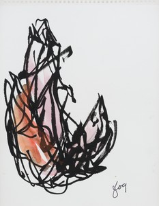 Frank Gehry, Untitled (Orange and Pink Fish), 2023. Ink and watercolor on paper, 12 ½ × 16 inches (31.8 × 40.6 cm) © Frank O. Gehry. Photo: Jeff McLane
