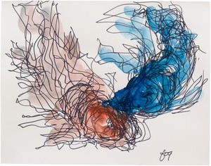 Frank Gehry, Untitled (Rust and Blue Fish), 2022. Pen and watercolor on paper, 10 ½ × 13 ¾ inches (26.7 × 34.9 cm) © Frank O. Gehry. Photo: Jeff McLane