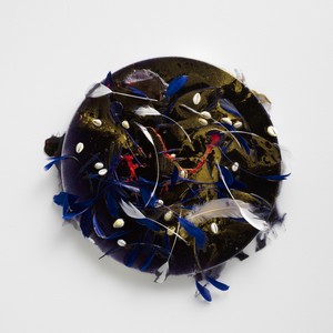 Helen Marden Grief XII, 2023. Resin, shells, feathers, and ink on canvas, 21 × 20 inches (53.3 × 50.8 cm) © 2024 Helen Marden/Artists Rights Society (ARS), New York. Photo: Maris Hutchinson