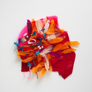Helen Marden Grief XVII, 2023. Resin, shells, feathers, and ink on canvas, 25 ½ × 24 ½ inches (64.8 × 62.2 cm) © 2024 Helen Marden/Artists Rights Society (ARS), New York. Photo: Maris Hutchinson