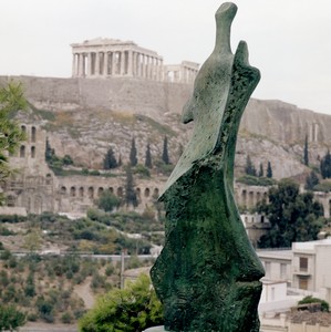 Henry Moore’s Standing Figure: Knife Edge (1961). Installed on Philopappos Hill opposite the Acropolis as part of the First International Exhibition of Sculpture, Athens Festival, 1965. Artwork © The Henry Moore Foundation. Photo: Henry Moore Archive