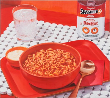 Painting of bowl of spaghettios on a tray with a spaghettios can and glass of water