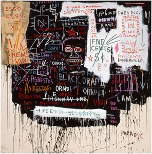 Jean-Michel Basquiat, Museum Security (Broadway Meltdown), 1983. Acrylic, oil stick, and paper collage on canvas, 83 ¾ × 83 ¾ inches (212.7 × 212.7 cm) © The Estate of Jean-Michel Basquiat. Licensed by Artestar, New York