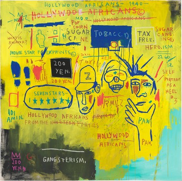 A painting that portrays Jean-Michel Basquiat alongside fellow artists Toxic and Rammellzee as new Black celebrities in a palette that evokes the bright Southern California sun