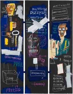 Jean-Michel Basquiat, Horn Players, 1983 Acrylic and oil stick on canvas mounted on wood supports, in 3 parts, overall: 96 × 75 inches (243.8 × 190.5 cm), The Broad Art Foundation© The state of Jean-Michel Basquiat. Licensed by Artestar, New York. Photo: Rob McKeever