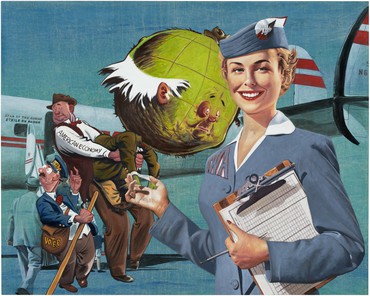 Painting featuring a woman flight attendant with a clipboard in front of figures getting on an airplane