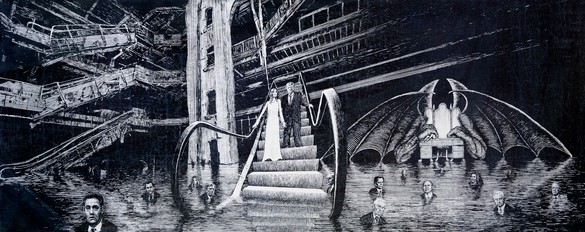 Jim Shaw, Donald and Melania Trump descending the escalator into the 9th circle of hell reserved for traitors frozen in a sea of ice, 2020 Ink on paper, 29 ¾ × 75 ½ inches (75.6 × 191.8 cm)© Jim Shaw